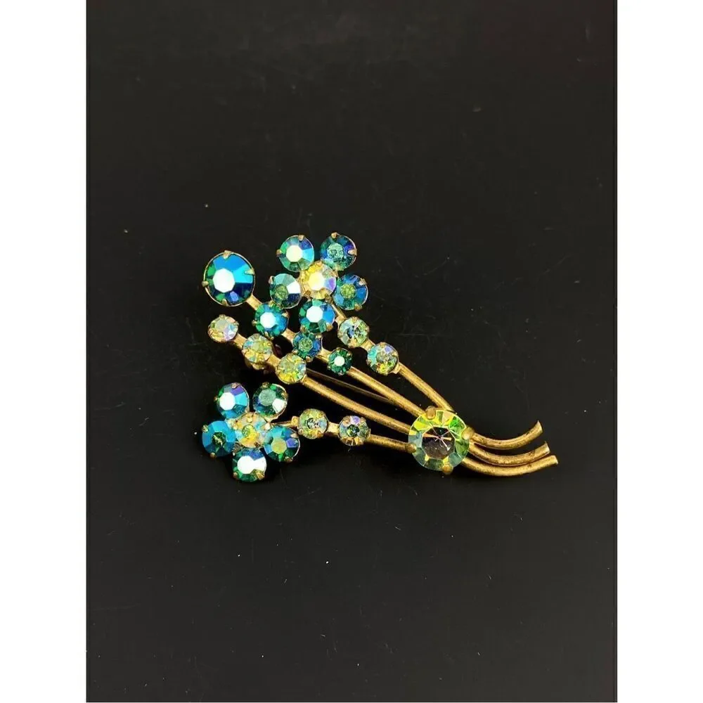 Vintage Gold Tone Blue Aurora Borealis Rhinestone Spray Flower Bouquet Brooch DT